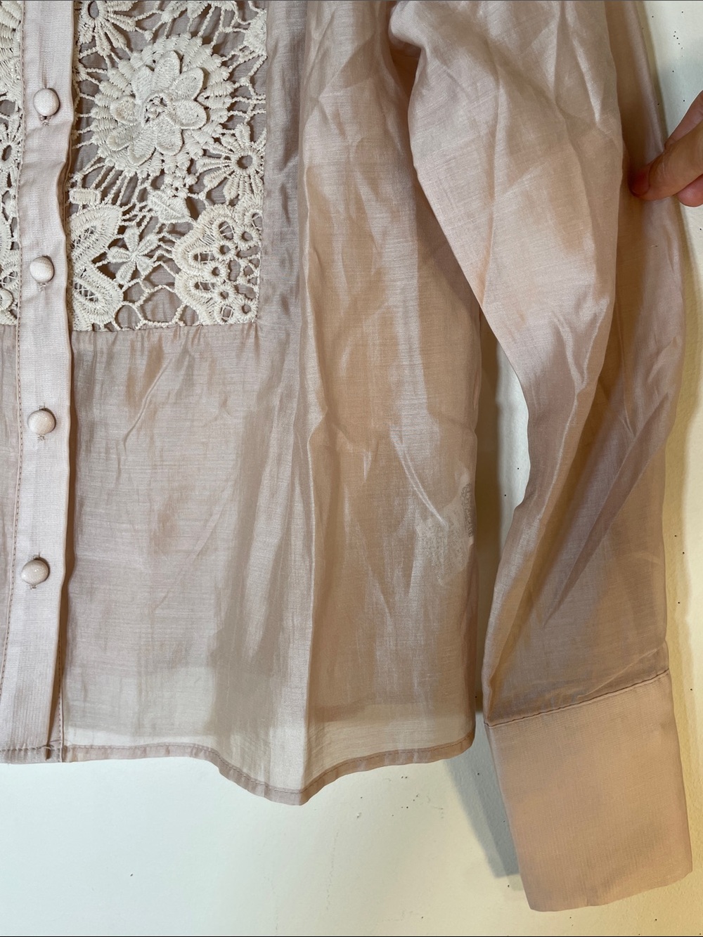 ANEWSTA Crochet Lace-Panel Button Down Shirt - Blush Pink. 6. NWT. - Picture 8 of 11